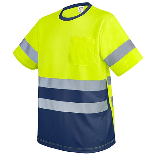 Camiseta de alta visibilidad con bandas reflectantes · Personalizada con tu logo en color amarillo / marino