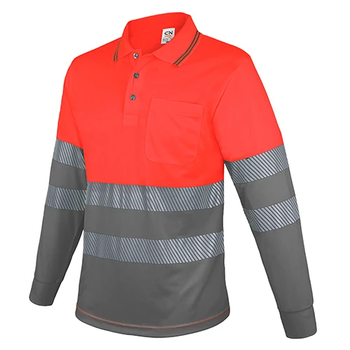 Polo reflectante de alta visibilidad manga larga · Personalizado con tu logo en color rojo / gris