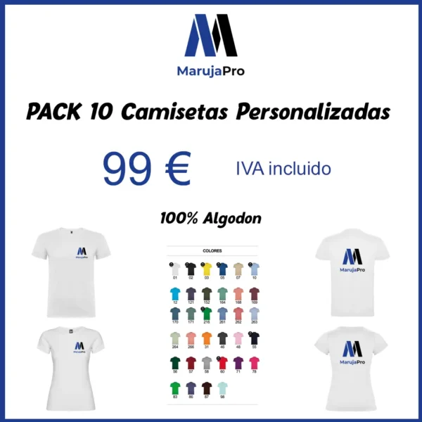 Cartel del pack de 10 camisetas de algodón personalizadas (99 €)