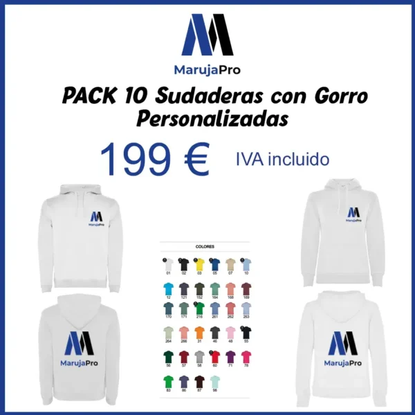Cartel del pack de 10 sudaderas con gorro (chico y chica) personalizadas (199 €)