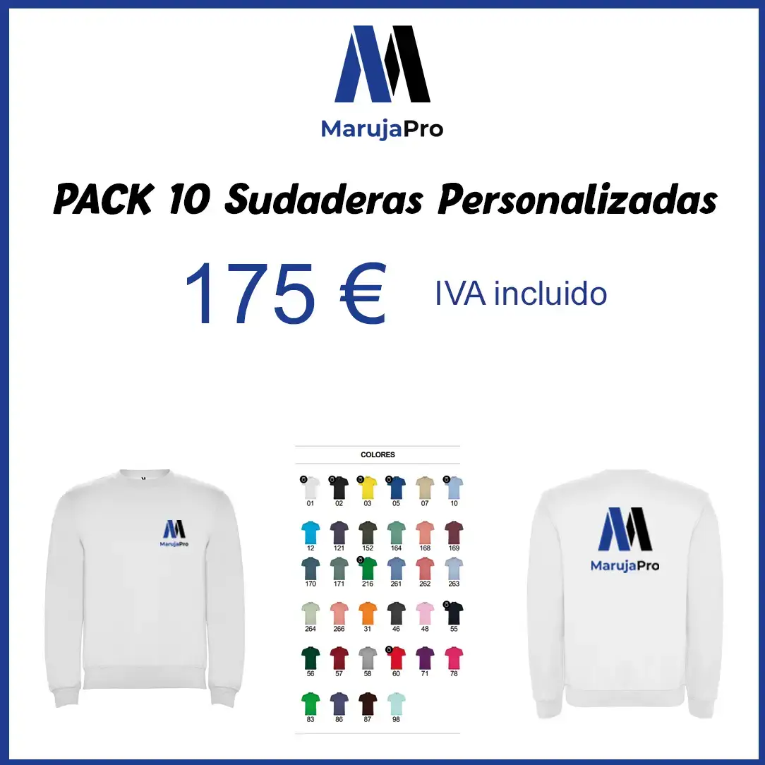 Cartel del pack de 10 sudaderas unisex sin gorro personalizadas (175 €)