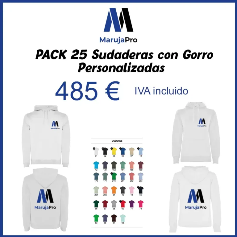 Cartel del pack de 25 sudaderas con gorro (chico y chica) personalizadas (485 €)
